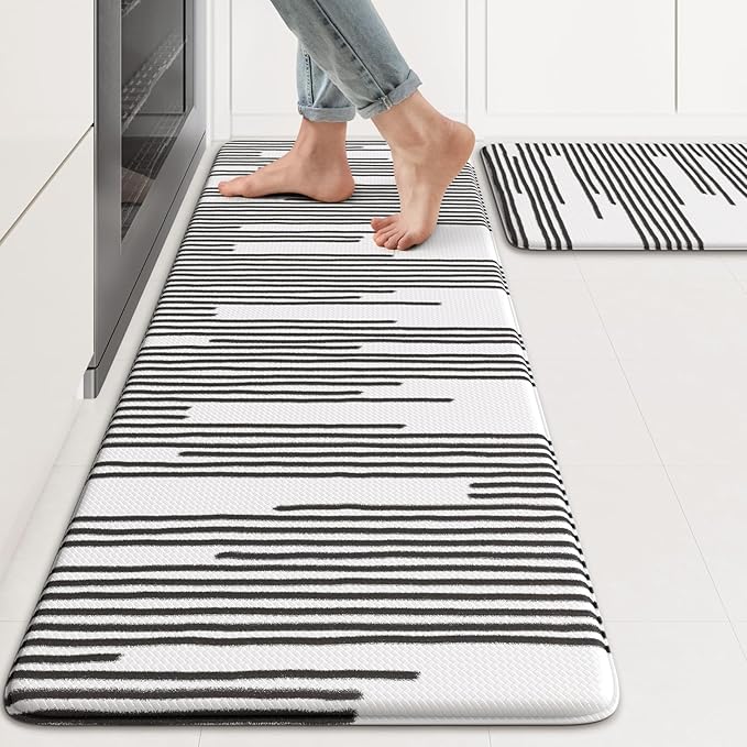 KIMODE Anti Fatigue Mats for Kitchen Floor 17"x47"+17"x29", Farmhouse Kitchen Rugs Sets of 2, Cushioned Kitchen Floor Mat Non Skid, Memory Foam Kitchen Mat for Laundry Office Sink Desk Black Lines