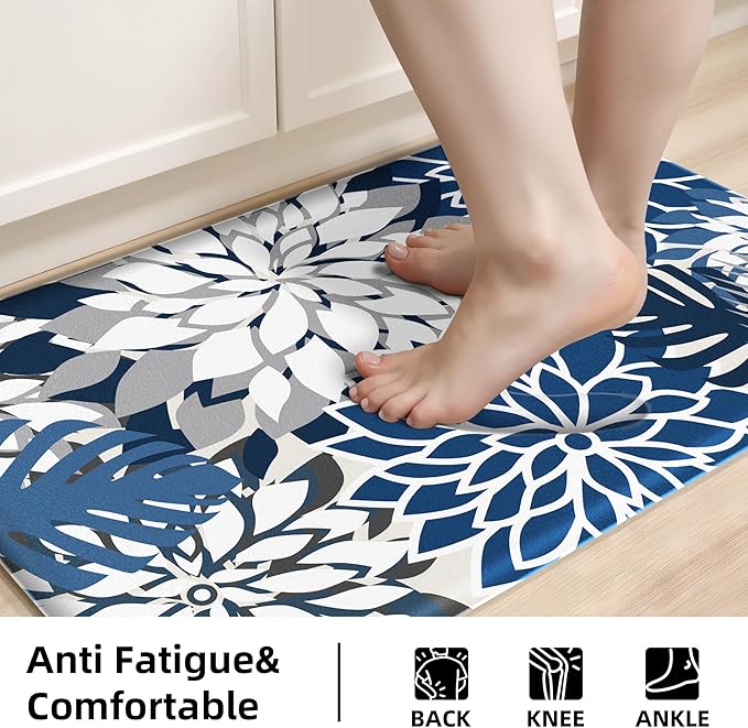 Kitchen Mats for Floor 2 Piece Cushioned Anti Fatigue Kitchen Mats Waterproof Non Slip Kitchen Mat Rug Set Comfort Foam Standing Mat for Sink, Laundry, Office, Blue Gray