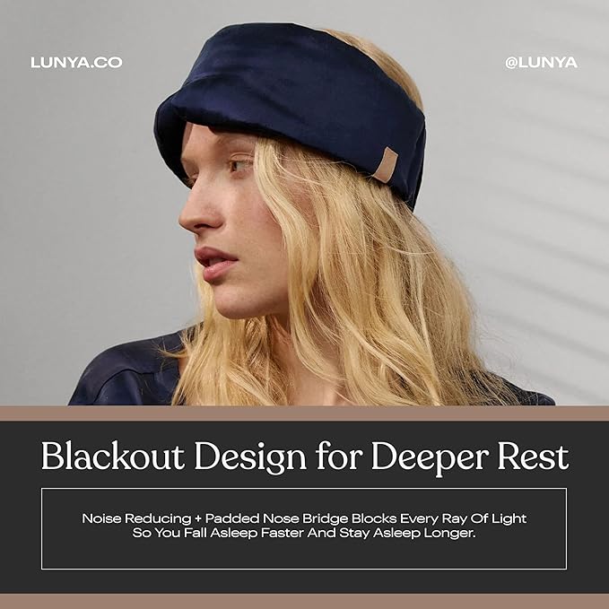 Lunya Washable Silk Sleeping Mask - Thermoregulating Mulberry Silk, Light Blocking and Comfortable Fit – Sleep Mask for Women and Men with Box - Deep Blue - Large