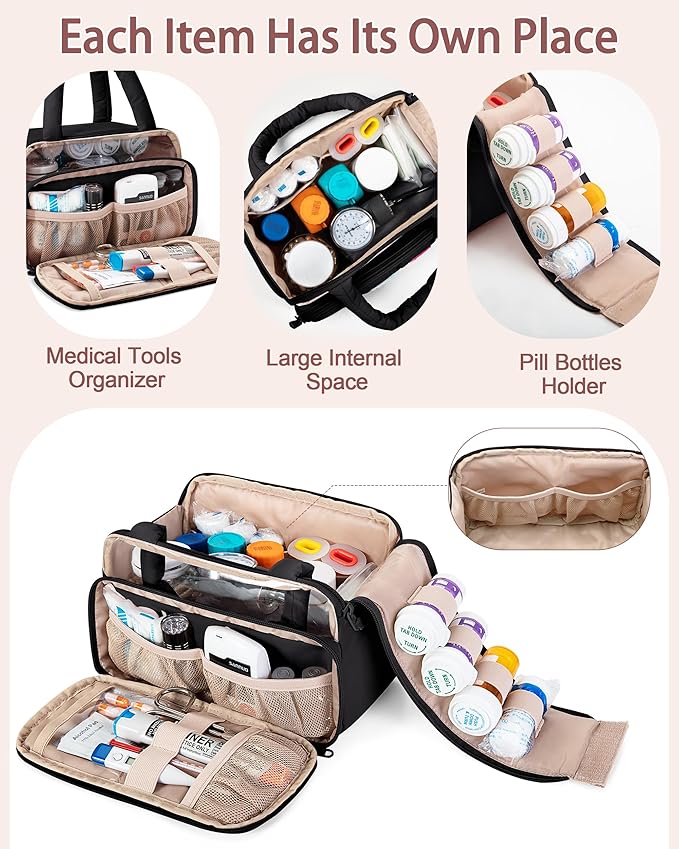 Fasrom Chenille Letter Medicine Bag, Preppy Patch Meds Bags for Travel, Pill Bottle Organizer with Puffy Handles, Portable Cosmetic Toiletry Storage Makeup Case for Women, Black (Bag Only)