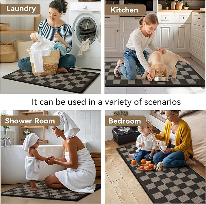 Kitchen Mats for Floor, Super Absorbent Kitchen Rugs Non Slip Washable, Linen-Look Woven Cushion Kitchen Runner Rug, Kitchen Sink Standing Mat, Black Beige Checkered 17"x30"