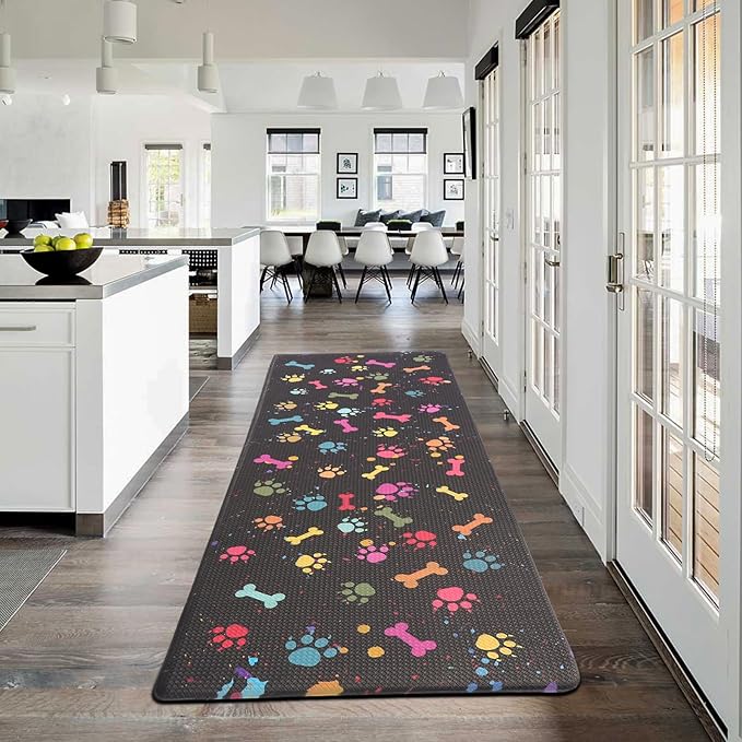 Farmhouse Kitchen Mats Cushioned Anti Fatigue Mats for Kitchen Floor Waterproof Kitchen Mats and Rugs Comfort Standing Mat for Kitchen, Laundry Room, Colorful Dog Paw and Bone(Black/Multicolor)