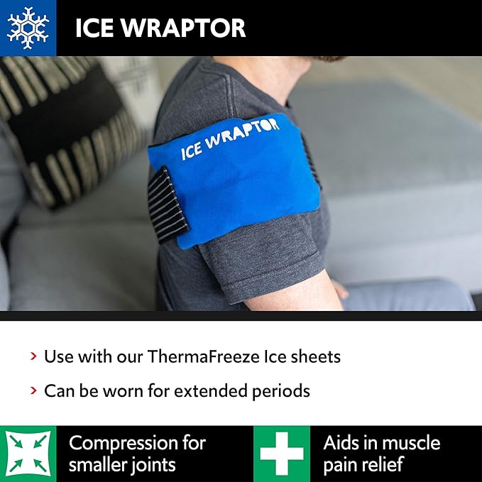 Ice Wraptor Compression Ice Wrap for Ice Packs or Reusable Ice Sheets up to 5x10”- Fits Any Body Part - Includes 1 ThermaFreeze Reusable Ice Sheet