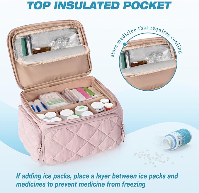 Medicine Organizer Bag with Insulated Pocket for Travel, Pill Bottle Storage Case with 4 Customized Dividers for Medication, Insulin and First Aid Supplies, Pink (Bag ONLY)