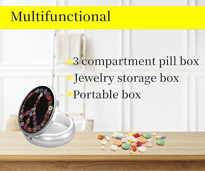 3 Compartment Pill Organizer Metal Portable Circle Pill Box 3 Times a Day for Vitamin,Supplements 70s Peace Sign(70S)