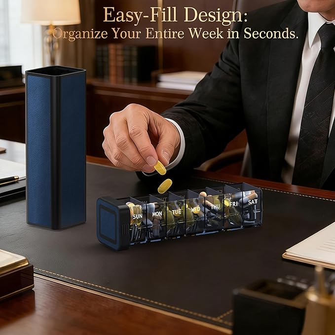 Weekly Pill Organizer 7 Day, Discreet Leather Pill Case for Purse or Pocket, Easy Slide-Out Daily Medication Planner, 1 Time a Day Travel Vitamin and Supplement Holder (Blue)