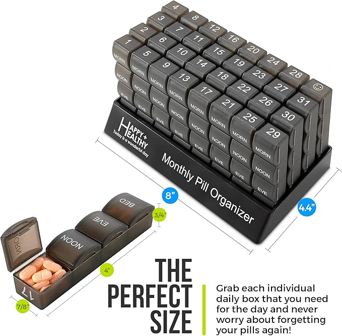 Month Pill Box Organizer - 4 Times-a-Day Morning-Noon-Evening-Night - Large 32 Daily Pill Cases with Compartments for Vitamins, Supplements, Medication -Travel Monthly Pill Organizer, Black