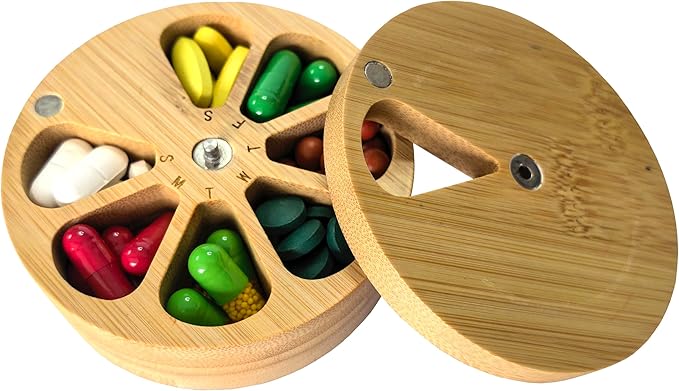 fashciaga Bamboo Wood Daily Weekly Vitamin Medicine Pill Organizer Case Box,Kitchen Salt Spice Cellar Containers,Earring Ring Jewelry Storage Decorative Box (Small)