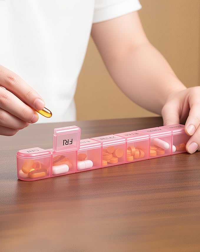 Daviky 2 Pack Weekly Pill Organizer, Large Pill Box 7 Day, AM PM Travel Medicine Case, Portable Pill Container for Vitamins, Supplements & Medications - Blue & Pink