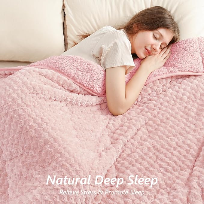 Mr. Sandman Weighted Blankets for Adults Queen Size 15lbs, Warm Sherpa Fleece Throw Blanket for Sleep and Calm, Soft Cozy Heavy Bed Blanket with Jacquard Flannel, 60 x 80 Inches, Pink