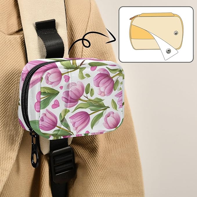 Romantic Pink Tulips and Hearts Travel Pill Organizer Case Box Container Weekly Portable Vitamin Medicine Holder Storage Bag with Zipper Removable