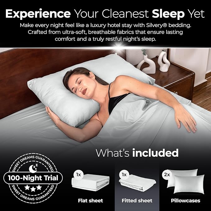 Silvery Silver Infused Bed Sheets Set - Ultra-Soft Temperature-Regulating Fabric with Self-Cleaning Technology™ That Stays Fresh 3X Longer for Hygienic Sleep