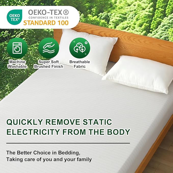 Ivellow Grounding Sheets Queen 10% Pure Silver Fiber 90% Organic Cotton Fitted Sheet Queen Size 16” Deep Pocket Soft Grounded Sheets Earth Connected Bedding White Fitted Bed Sheet with Grounding Cord