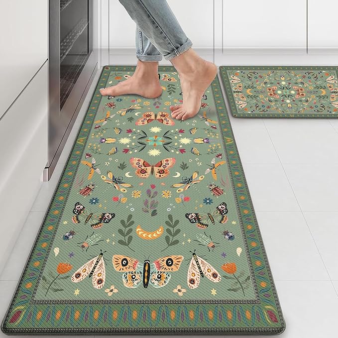 Anti Fatigue Mats for Kitchen Floor Green Kitchen Rugs Sets of 2 Bug Insect Butterfly Non Slip Cushioned Waterproof Comfort Memory Foam Standing Floor Mat for Office Laundry Sink Desk