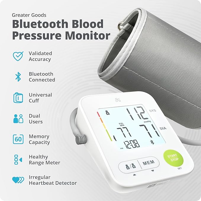 Greater Goods Automatic Bluetooth Blood Pressure Monitor for Home Use, Upper Arm BP Machine with Adjustable Wide Cuff (22–42 cm), Dual User Memory, Irregular Heartbeat Detection