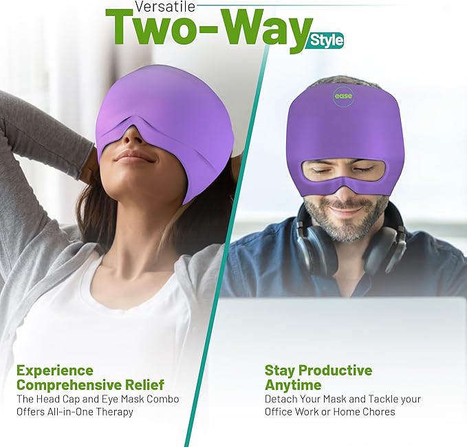 Migraine Relief Cap - 2 in 1 Soothing Headache Relief Cap with Detachable Eye Mask 20% Extra Gel - Headache Hat for Migraines - Cold Ice Head Wrap Products for Stress, Tension, Hangover & Puffy Eyes