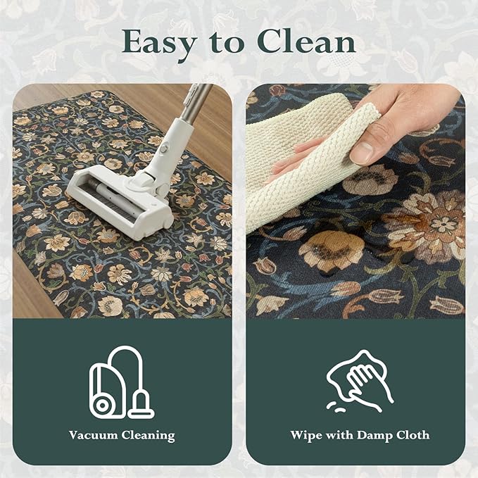 KIMODE Comfort Kitchen Mats for Floor Cushioned Anti Fatigue,Boho Vintage Floral Sink Rug Non Slip for Laundry,Extra Thick Memory Foam Ergonomic Standing Carpet for Office,Dark Green/Blue 32" x 20"