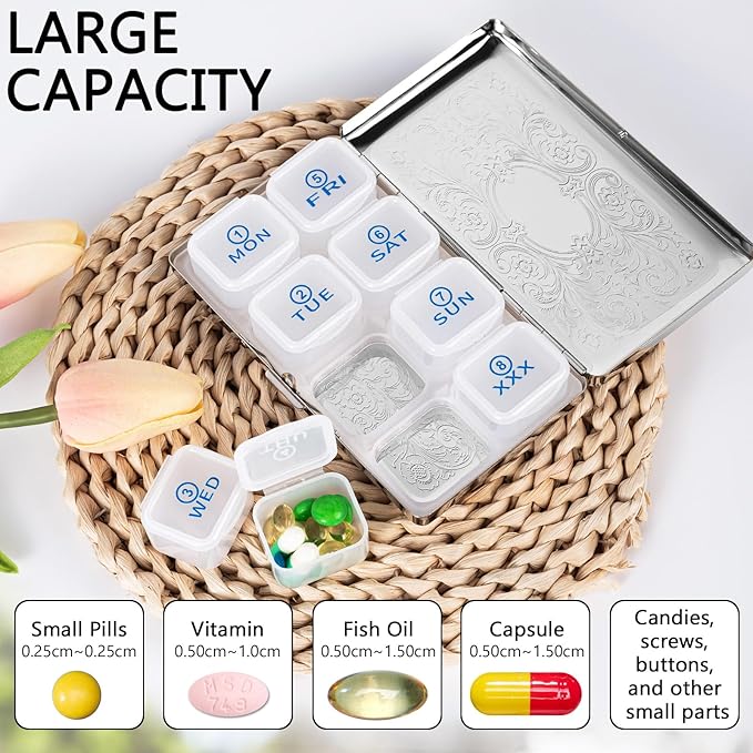 Pill Organizer 7 Days 8 Compartments, Travel Metal Pill Box, BPA-Free Portable Pill Box (Pattern Silver, Large)