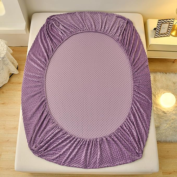 ZIQINPSQ Coral Velvet Fitted Sheet-Thickened Cold-Resistant and Warm Bed Sheets-Soft Velvet Fleece Fitted Sheets with-Elastic All Around. (Purple, Queen)
