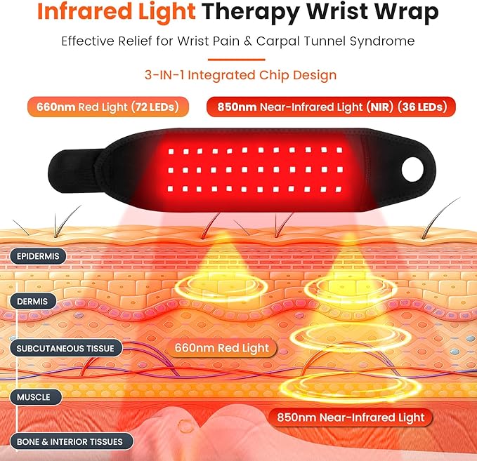 Keneo Red Light Therapy Wristband for Hand & Wrist, 660nm & 850nm Near Infrared Light Device, 3 Heat & Vibration Massage Settings, 2000mAh Wireless, 36 LEDs for Comfort & Recovery (Black)