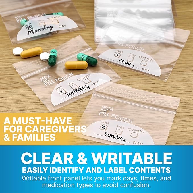 Pill Pouch Bags - (Pack of 500) 3" x 2.75" - BPA Free, Poly Bag Disposable Zipper Pills Baggies, Daily AM PM Travel Medicine Organizer Storage Pouches, Best Clear Reusable with Write-on Labels