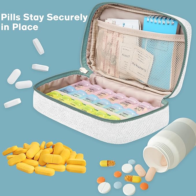 Weekly Travel Pill Organizer 2 Times A Day Pill Case for Purse with Removable AM PM 7 Day Pill Box Holder,Cute Medication Organizer Pill Container for Medicine, Vitamin, Supplement(Teal, Medium)