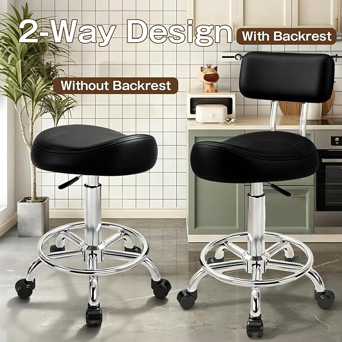 Saddle Stool, Adjustable Height Ergonomic Swivel Chair with Wheels, PU Leather Saddle Seat with Ring Pedal for Salon, Massage, Clinic, Lab, and Office