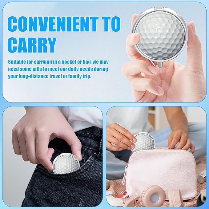 Golf Ball Pill Case,Sprot Ball Pill Box 3 Compartments Metal Small Pill Holder with Mirror Mini Travel Pill Container for Purse Pocket Women Men