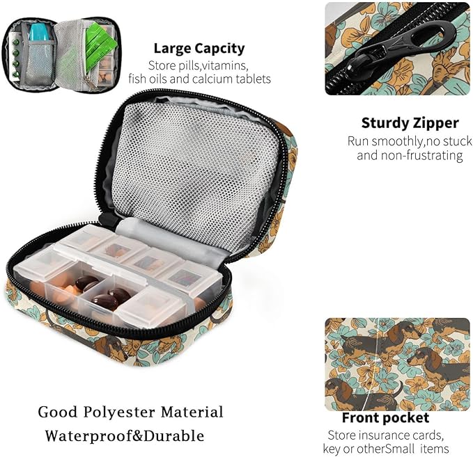 Fustylead Retro Cute Dachshund Dogs and Green Flowers Pill Organizers 2 Times A Day Pill Case Bag with Zipper Portable Weekly Pill Dispensers for Vitamin Supplement