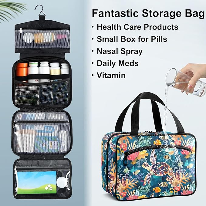 Fustylead Hand Draw Sea Turtle and Fish Coral Pill Organizer Bag Large Medicine Travel Carrying Case with Zipper for Vitamin Supplements Fish Oil, Empty First Aid Kit for Hiking Camping