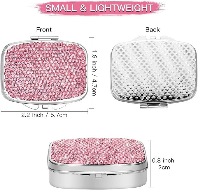 Soleebee Bling Crystal Pill Box, Portable 2 Compartments Daily Pill Organizer, Small Travel Pill Case for Purse or Pocket, Medicine Vitamin Pill Container Organizer (Pink)