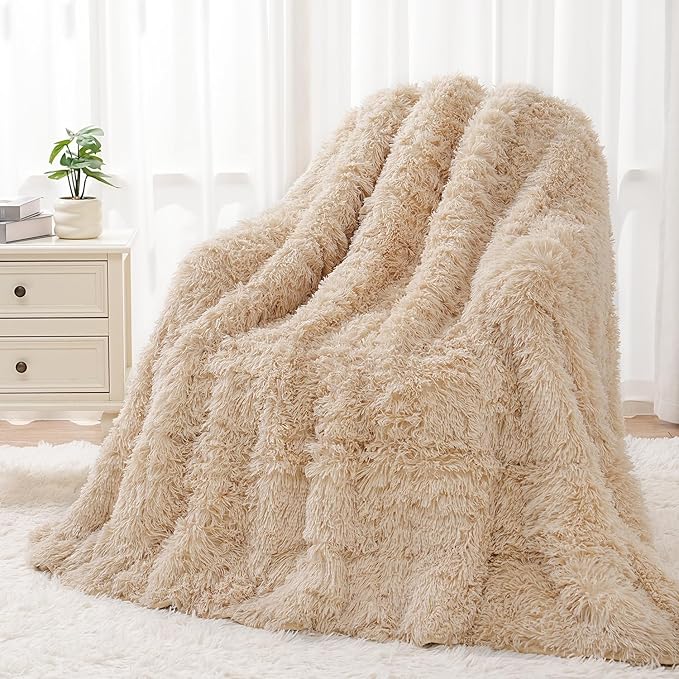 Wemore Shaggy Long Fur Faux Fur Weighted Blanket, Cozy and Plush Sherpa Long Hair Blanket for Adult 15lbs, Fluffy Fuzzy Sherpa Reverse Heavy Blanket for Bed, Couch, Khaki, 60 x 80 Inches
