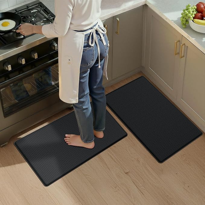 Color&Geometry Anti Fatigue Cushion Padded Kitchen Mat for Floor - 17x29+17x29,Easy Clean, Water & Oil Proof, Non Slip, Foam Rubber Small Runner Rug for Front Sink Comfort Standing, Black Set of 2