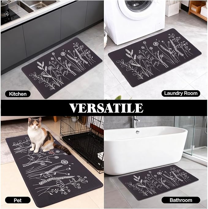 Mirok Washable Anti Fatigue Mat for Cushioned Floor Mats,Floral Plants Non-Skid Ergonomic Comfort Foam Rugs,Non Slip Kitchen Rug(Flowers/Grass,17"x29")