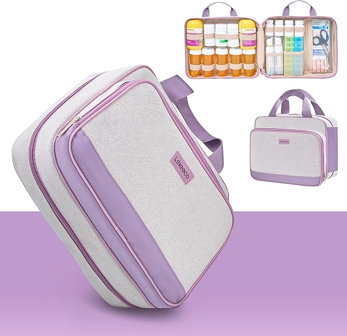 Travel Medicine Organizer Bag, Pill Organizer Case,Carrier for Medications,Vitamins,Fish Oil and Medical Supplies Pill Bottle Organizer and Home Storage Med Bag(Purple)
