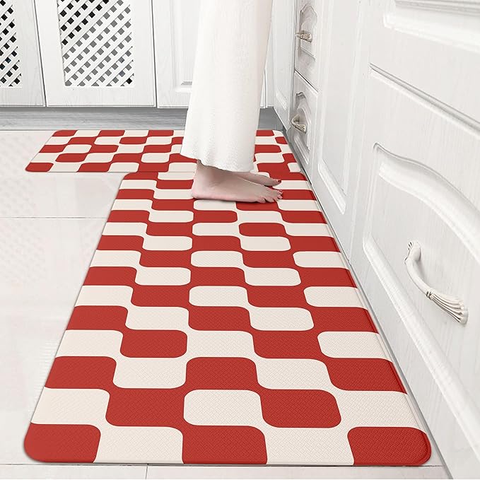 Red Beige Retro Curvy Checkered Grid Checkerboard Kitchen Rug Sets [2 PCs], Anti-Fatigue, Waterproof Non-Slip Kitchen Mats Heavy Duty Comfort Foam Rug for Floor, Home, Laundry,17"x29"+17"x47"