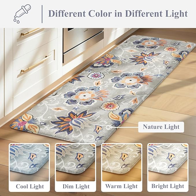 LEEVAN Anti Fatigue Mats for Kitchen Floor 2 Piece,Cushioned Memory Foam Blue Gray Kitchen Mats for Floor,Comfort Floral Boho Non Slip Kitchen Floor Mat for Sink,Laundry,Office(20"x31"+20"x47")