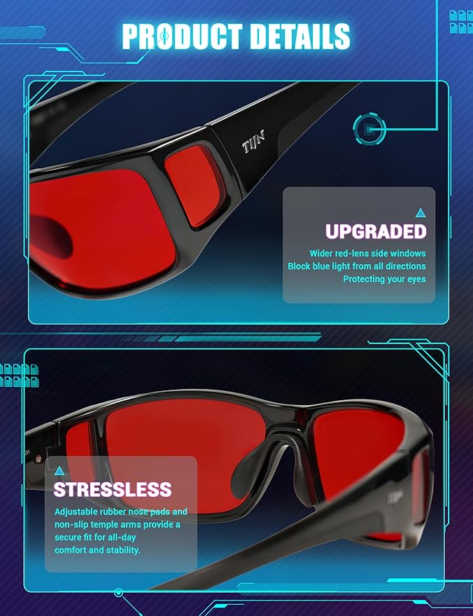 TIJN Sonia Red Sleep Glasses Orange Lens for Blue & Green Light Blocking,Dual AR Coating,Wraparound Frame for Gaming Screen