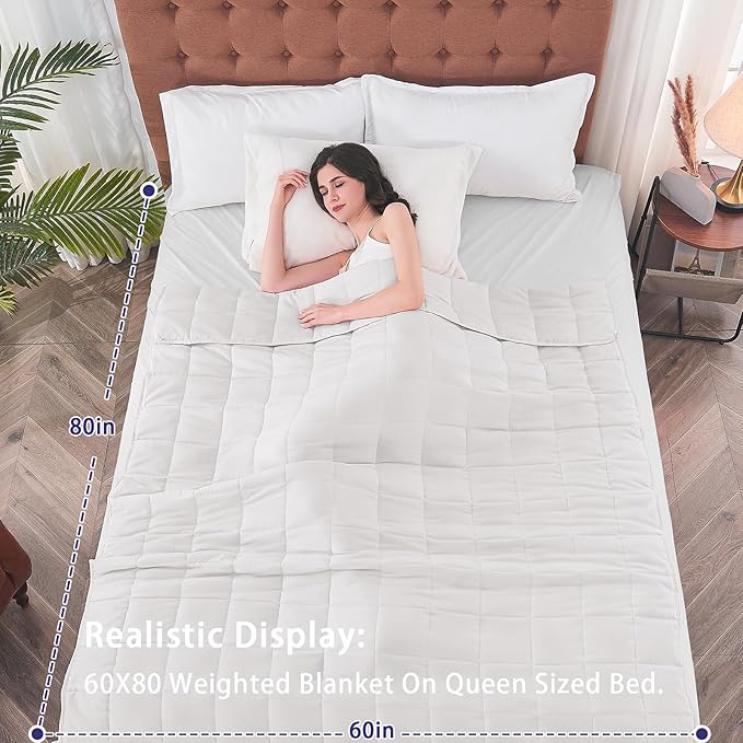 yescool Weighted Blanket for Adults (25 lbs, 60" x 80", White) Cooling Heavy Blanket for Sleeping Perfect for 240-260 lbs, Queen Size Breathable Blanket with Premium Glass Bead, Machine Washable