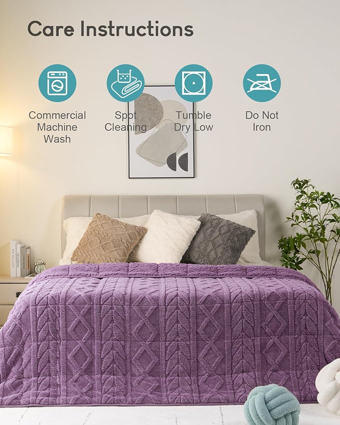 Cottonblue Jacquard Weighted Blanket 15lbs for Adults Twin Full Size, Soft Fuzzy Sherpa Fleece Weighted Throw Blankets 48x72 in for Relax and Sleep, Cozy Heavy Bed Blankets with Glass Beads, Purple