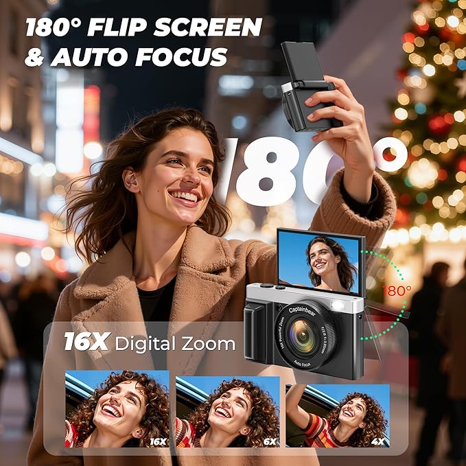 4K Digital Camera,64MP Cameras for Photography with 16X Digital Zoom, AutoFocus Vlogging Camera for YouTube, 3" 180°Flip Screen Compact Travel Camera, Anti-Shake 4K Video Cameras