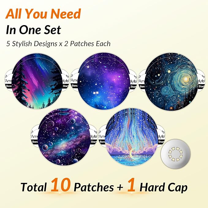 Libre 3 & Plus Sensor Covers Waterproof, Amolyfe 10 Pack Freestyle Libre 3 Sensor Covers, Bump-Proof with Hard Cap for Free Style Glucose Sensor, Easy-Peel Tab 14-Day Protection (Galaxy)