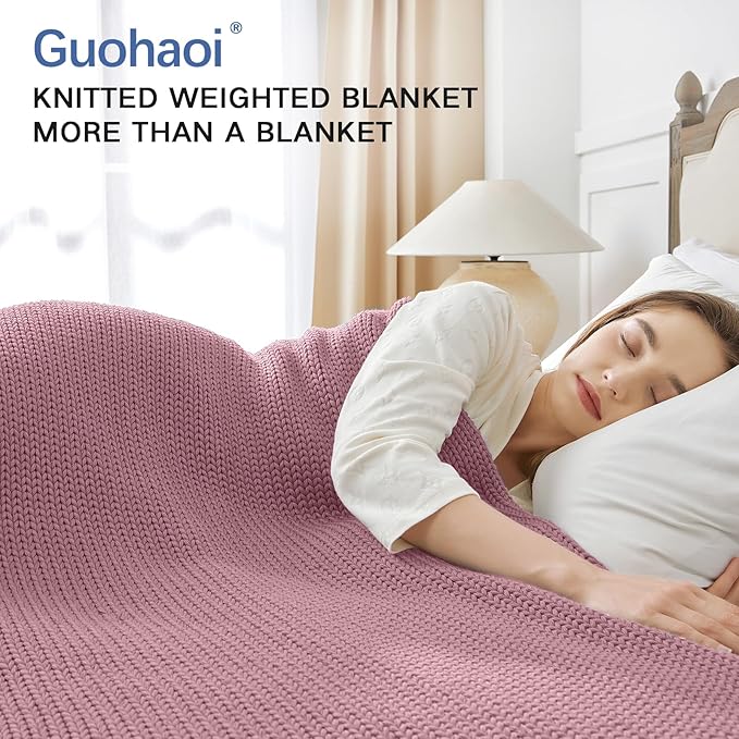 Guohaoi Knitted Weighted Blanket for Adults (Muted Pink 60"x80" 12lbs) No Beads Cooling Throw Blanket for Hot Sleepers, Home Decor Breathable Chunky Knit Heavy Blanket Use on Queen/King Size Bed