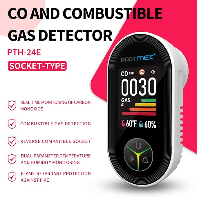 Protmex 4-in-1 Plug-in Carbon Monoxide Detector & Natural Gas Leak Detector, Portable CO Alarm Gas Leak Monitor with Temperature & Humidity Sensor, Large Display Indoor Air Quality Monitor