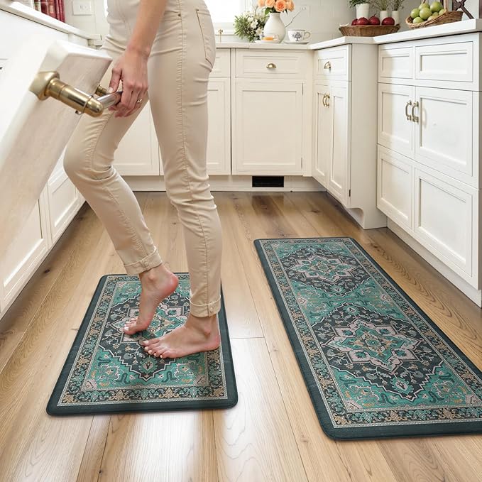 Kitchen Mats 2PCS,Cushioned Anti Fatigue Kitchen Mats for Floor,Farmhouse Green Kitchen Rugs Non Slip,Memory Foam Comfort Standing Mat Carpet for Sink Laundry Office