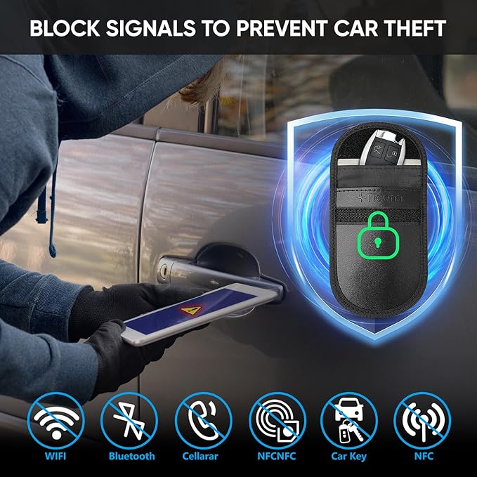 TICONN 2PK Faraday Bags for Car Keys Fob, 3.5''X5.0'' Faraday Cage Protector, Car RFID Signal Blocking, Anti-Theft Pouch Anti-Hacking Case Blocker (Black PU)