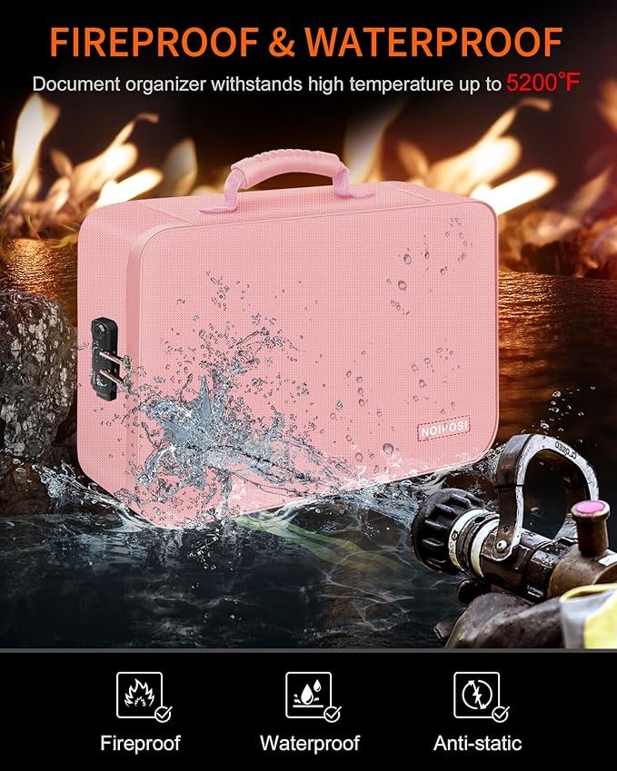 Noiposi Document Organizer with 5200℉ Heat Insulated,16.1"x11.4"x4.3" Waterproof and Fireproof Document Box,Portable Home Travel Safe Storage Box for Important Documents and File,Pink