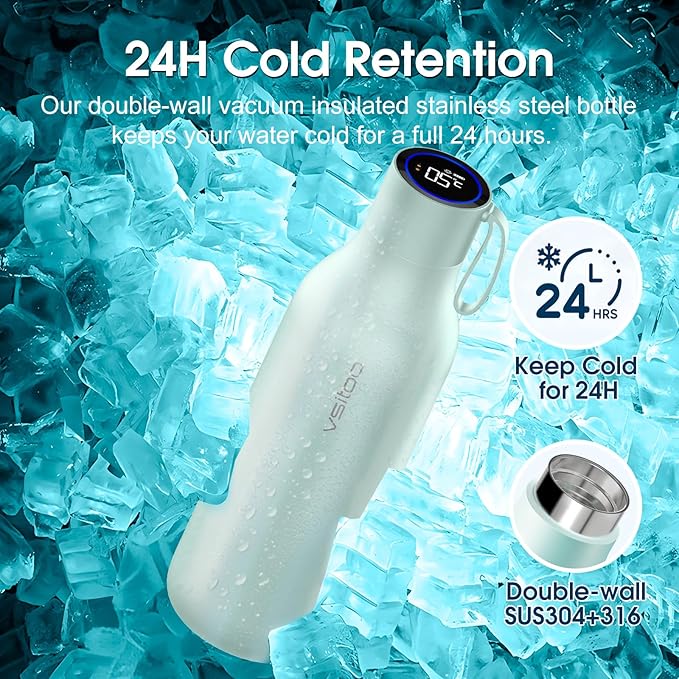 VSITOO 33oz Smart Self-Cleaning Water Bottle，Large Insulated Stainless Steel Bottle with AI Self-Clean, 30-Day Battery & Magnetic Charging for Outdoor Travel, Gym or Office, Blue