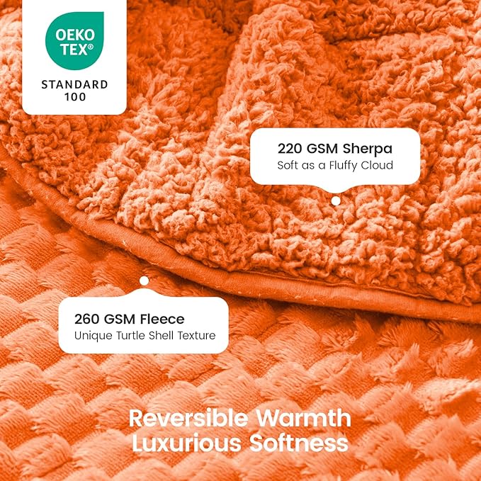 Super Fuzzy Soft Fleece Sherpa Weighted Blanket 15 lbs for Adults, 3D Imitation Turtle Shell Luxury Weighted Throw for Better Sleep, Dual Sided Cozy Heavy Blankets for Couch Bed, Orange, 60" x 80"