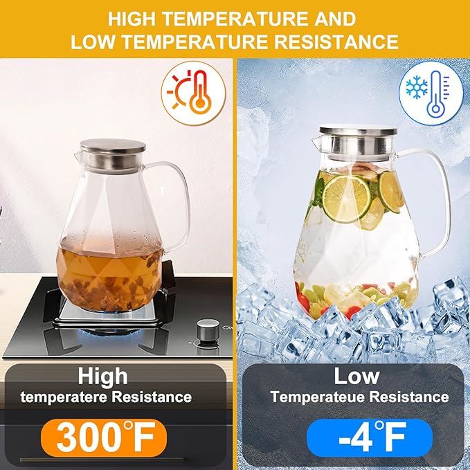Glass Pitcher with Lid,1 Gallon Glass Water Pitcher Hot/Cold Water Jug, Juice and Iced Tea Beverage Carafe with Lid (Extra-Wide Mouth)